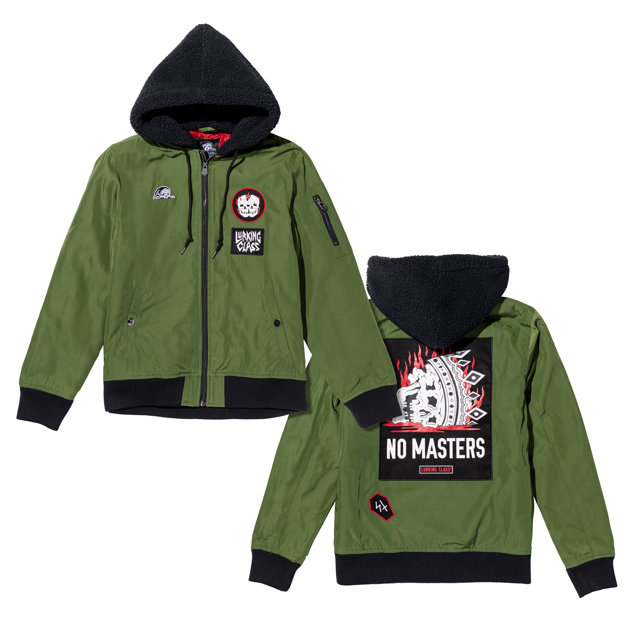 No Masters Women's Hooded Bomber Jacket Military Green Lurking Class
