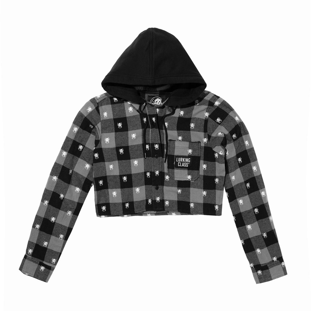 Spiders Women's Cropped Hooded Flannel - Black/Grey/Plaid